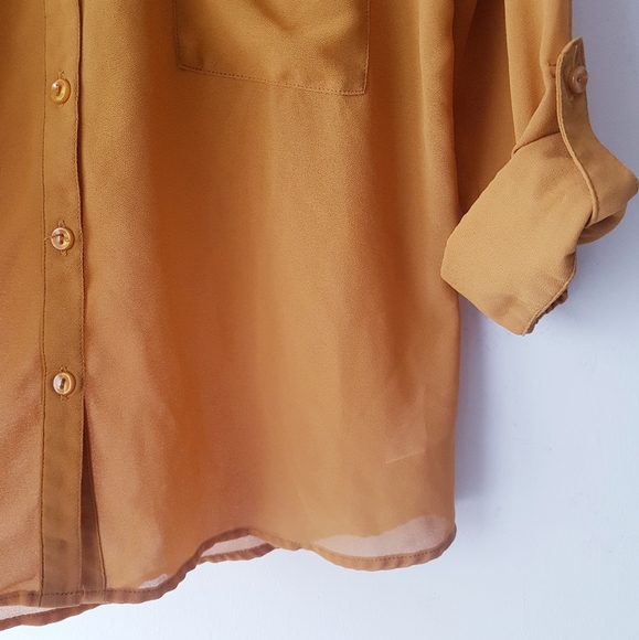OLIVE & OAK Yellow Collar Neck Front Button Sheer Blouse Top - Picture 4 of 9